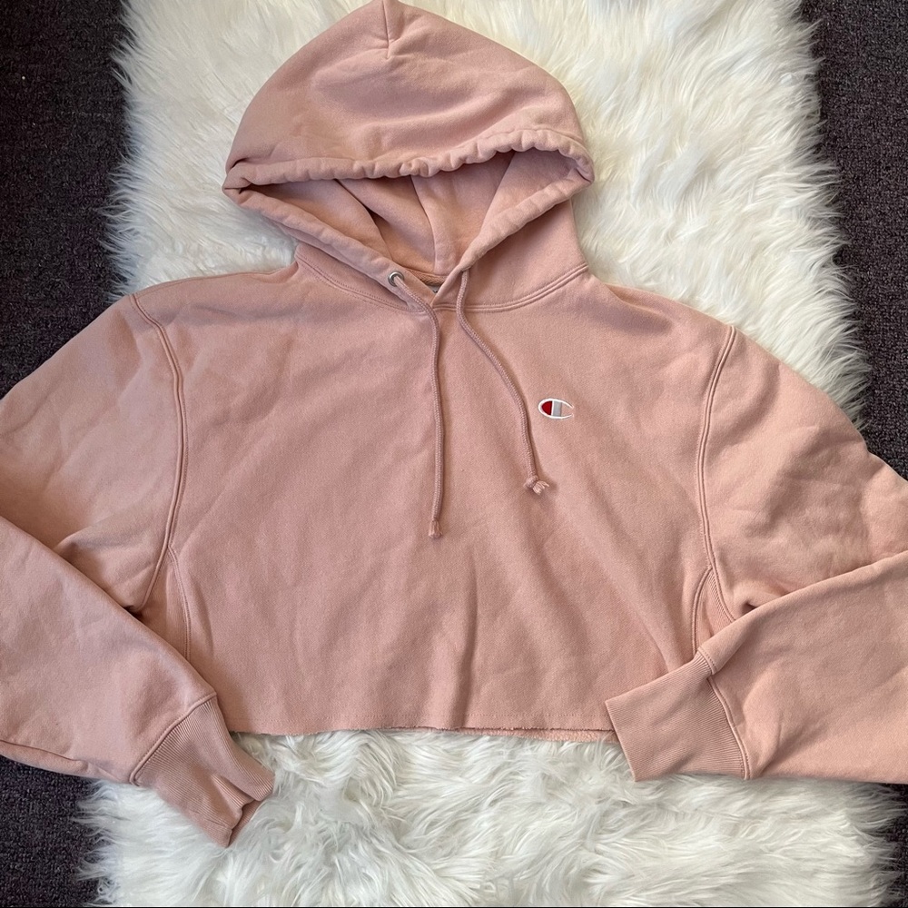 Champion reverse weave hoodie sweatshirt pink tan neutral cropped logo stitch